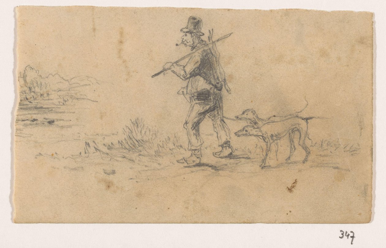 Jeger med hunder og en hare på ryggen av Johannes Tavenraat (signed by artist)