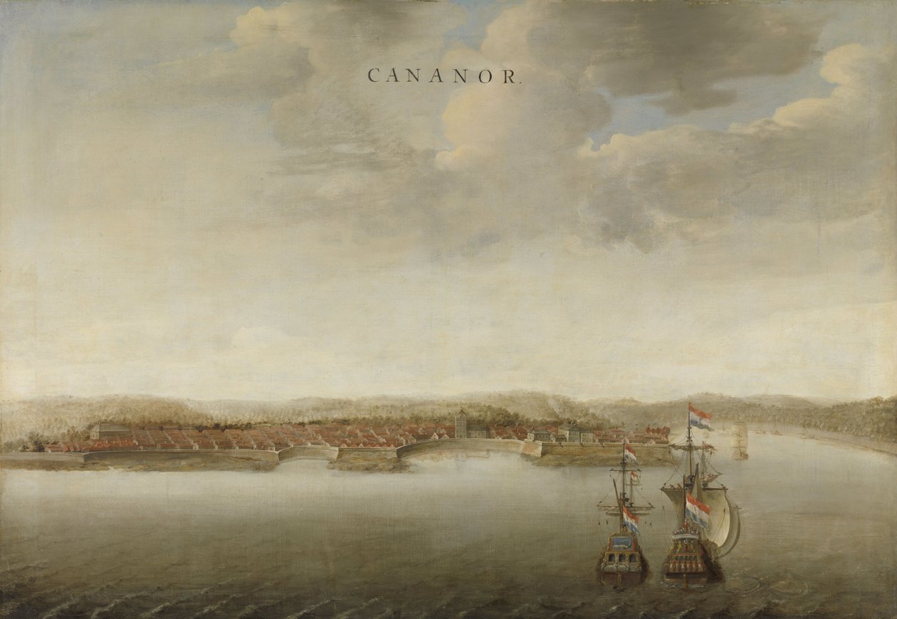 Utsikt over Cannanore på Malabarkysten i India, ca. 1662-3 av Johannes Vinckeboons