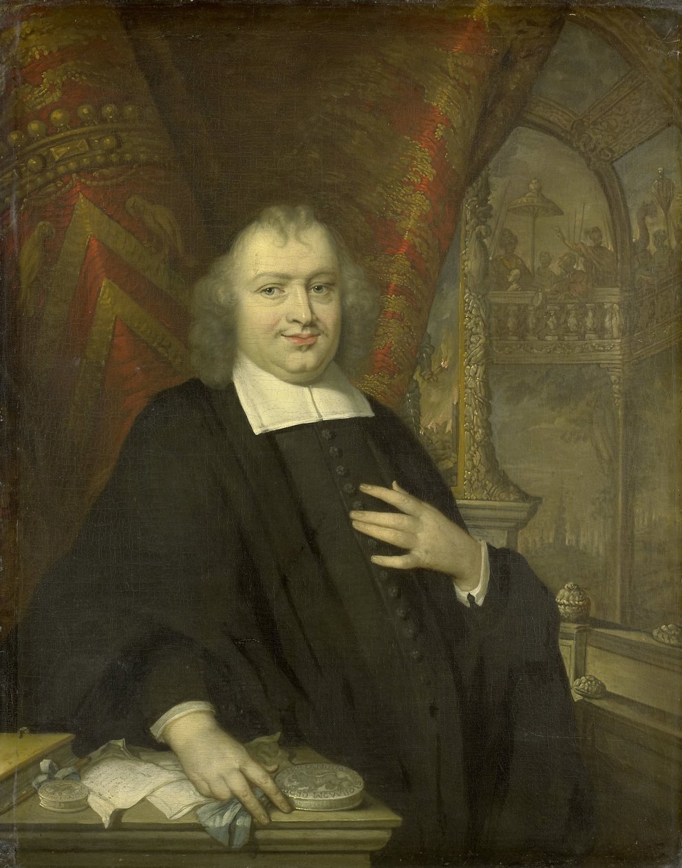 Portrett av Gaspar Fagel, Grand Pensionary of Holland etter 1672 i bakgrunnen er Møtehallen i Statene Holland på Binnenhof i Haag av Johannes Vollevens (I) (copy after)