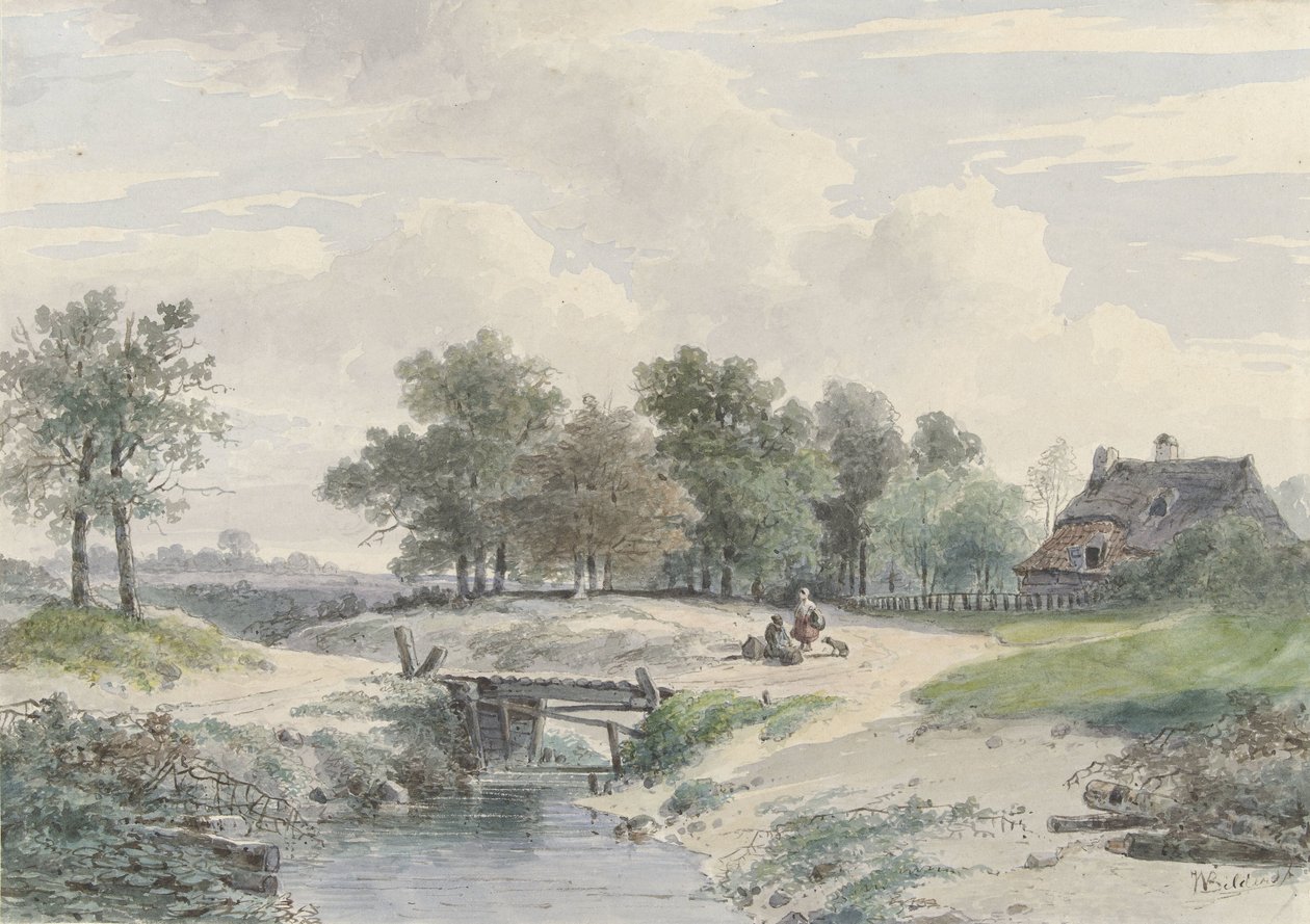 Landskap med bro og figurer foran en gård av Johannes Warnardus Bilders