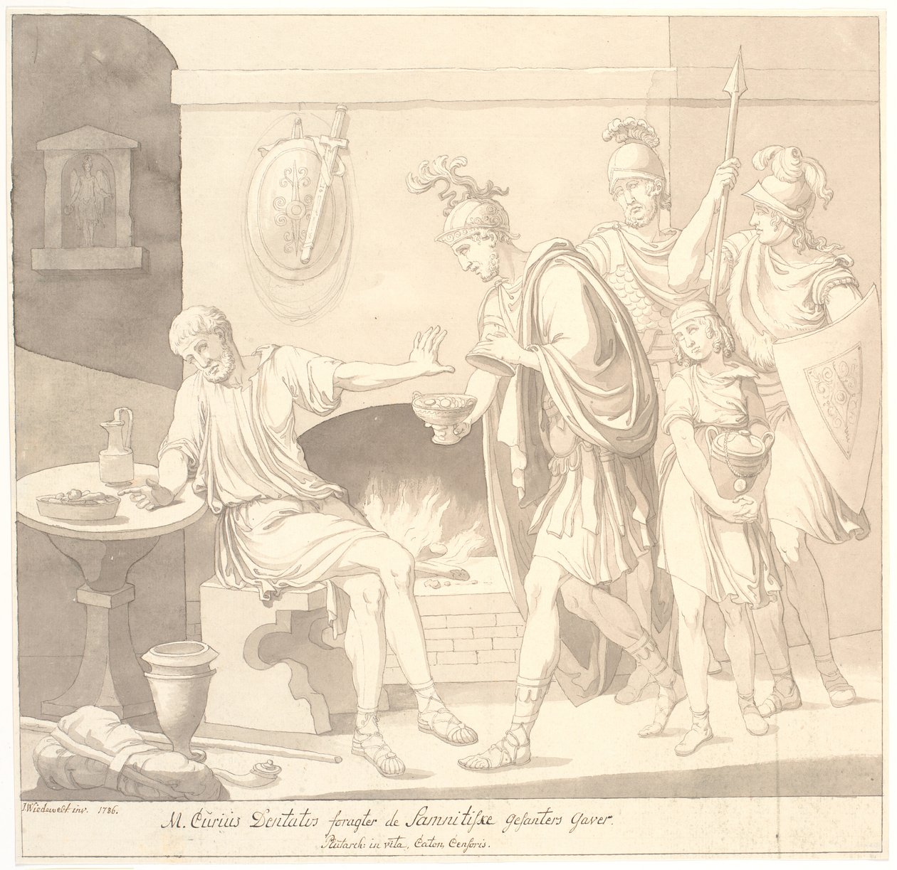 "M. Curius Dantatus foragter de Samnitiske Gesanters Gaver./ Plutach: in vita. Cato the Censor." av Johannes Wiedewelt
