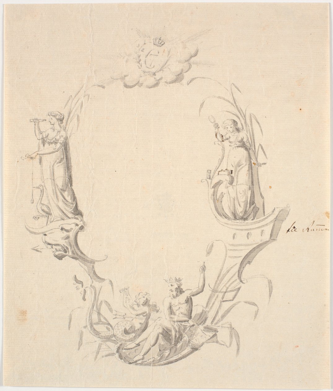 Utkast til tittelvignett for sjøkart (med teksten: Pass Kaart over Kattegattet, utgave av Søkortarkivet 1799) av Johannes Wiedewelt