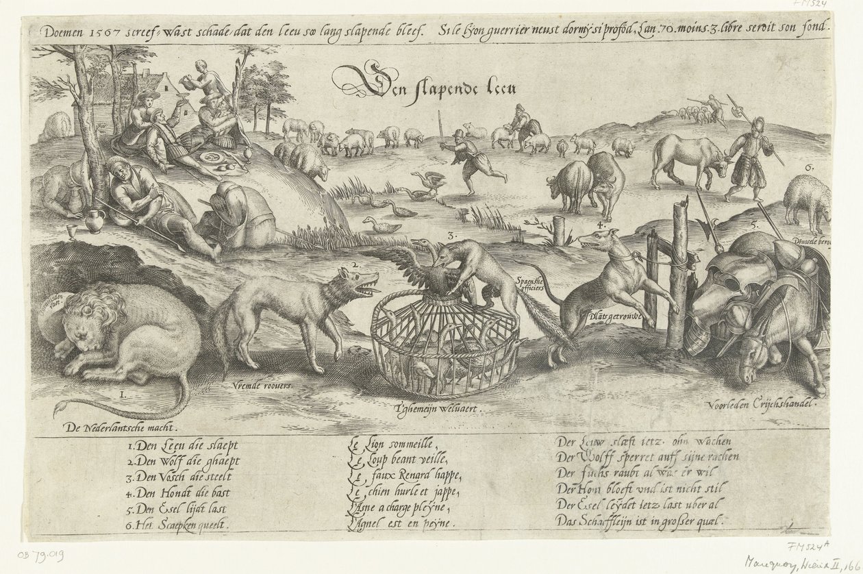 Den sovende løve, 1567 The Sleeping Lion (tittel på objekt) Fire allegorier om hendelsene mellom 1576-1579 i Nederland (serietittel) av Johannes Wierix (attributed to)