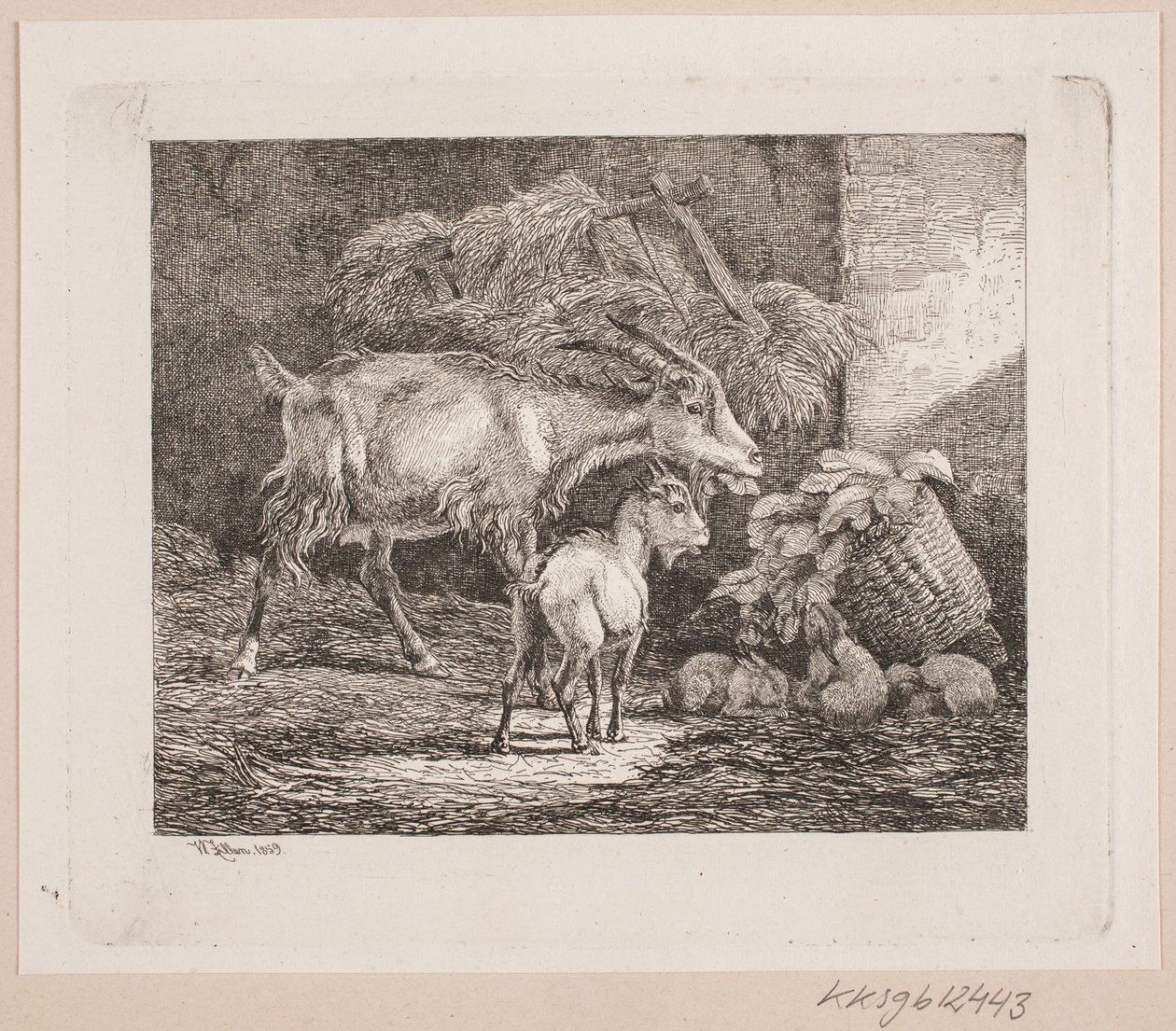 En geit, en unge og kaniner i en låve av Johannes Wilhelm Zillen