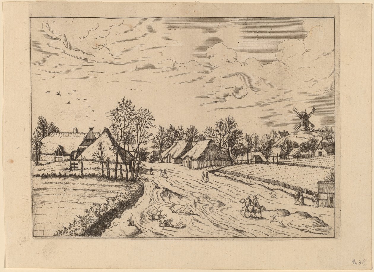 Landsby med postmølle av Johannes and Lucas van Doetechum after Master of the Small Landscapes