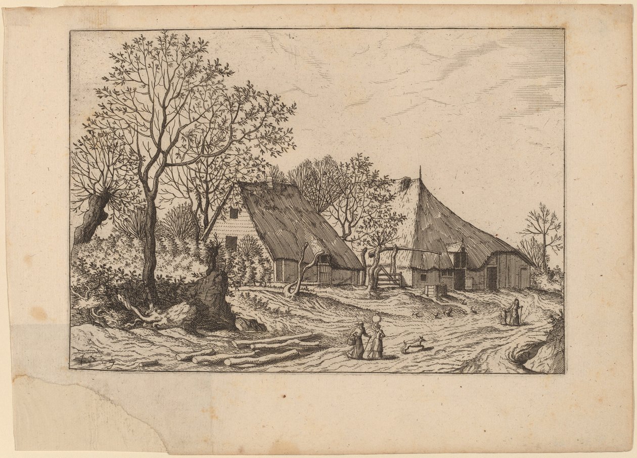 Gård med skur og tegnebrønn av Johannes and Lucas van Doetechum after Master of the Small Landscapes