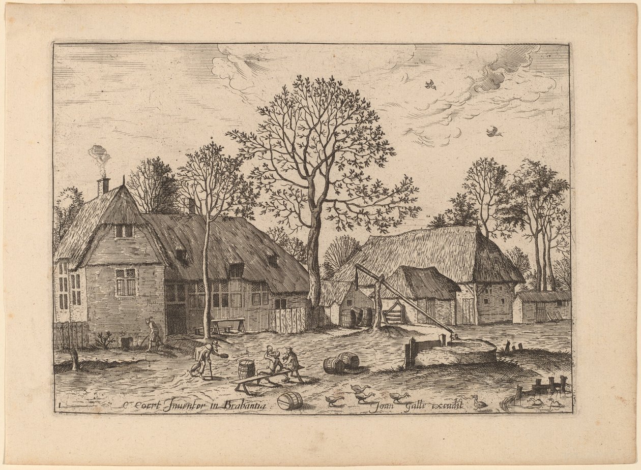 Gårder med Draw Well av Johannes and Lucas van Doetechum after Master of the Small Landscapes