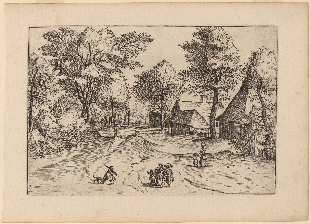 Landsbyvei med gård og skur av Johannes and Lucas van Doetechum after Master of the Small Landscapes