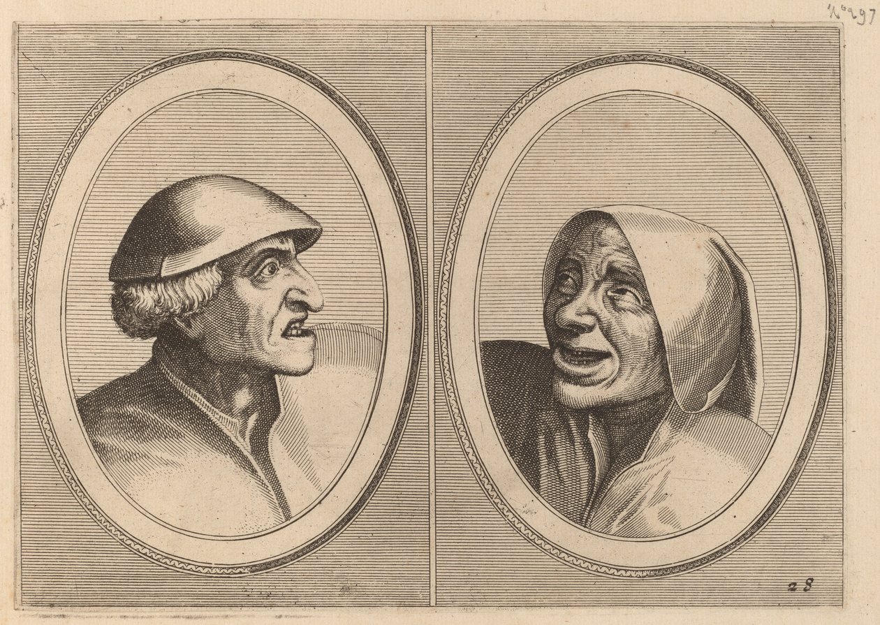 "Tyvaktige Tijs" og "Sneeze Spoel-de-Nap" av Johannes and Lucas van Doetechum after Pieter Bruegel the Elder