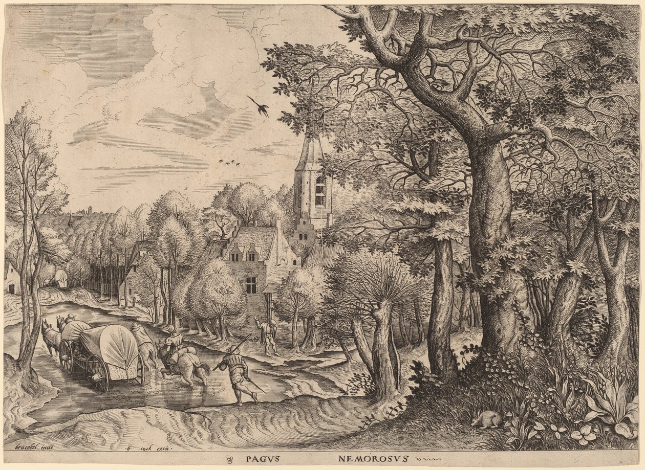 Pagus Nemorosus (skogkledd landsby) av Johannes and Lucas van Doetechum after Pieter Bruegel the Elder