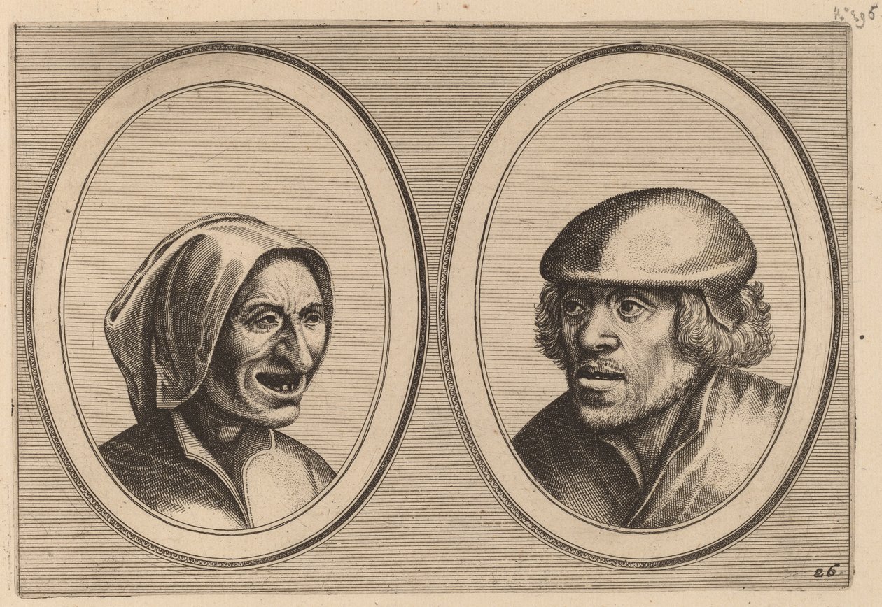 "Woman Verneem-al" og "Hans de Pluym-strijcker" av Johannes and Lucas van Doetechum after Pieter Bruegel the Elder