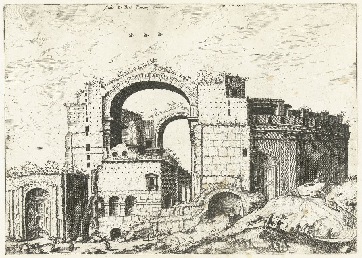Gezicht op de Sint Pieter i Roma Deformasjon av Aedis D. Peter Romana (tittel på objekt) Romerske ruiner, 1561 (serietittel) av Johannes of Lucas van Doetechum (attributed to)