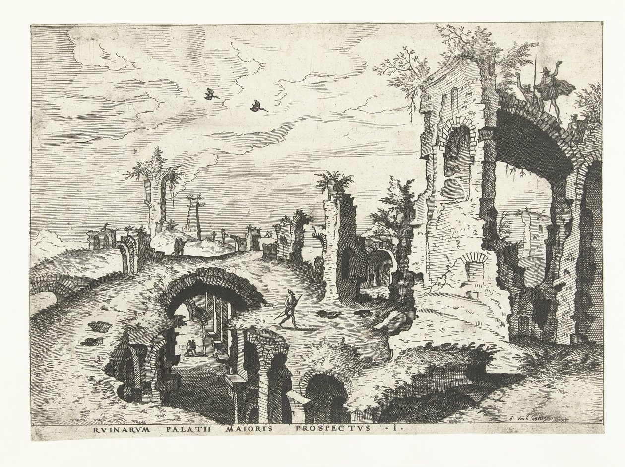 Utsikt over ruiner på Palatinerhøyden i Roma Romerske ruiner, 1561 (serietittel) av Johannes of Lucas van Doetechum (attributed to)