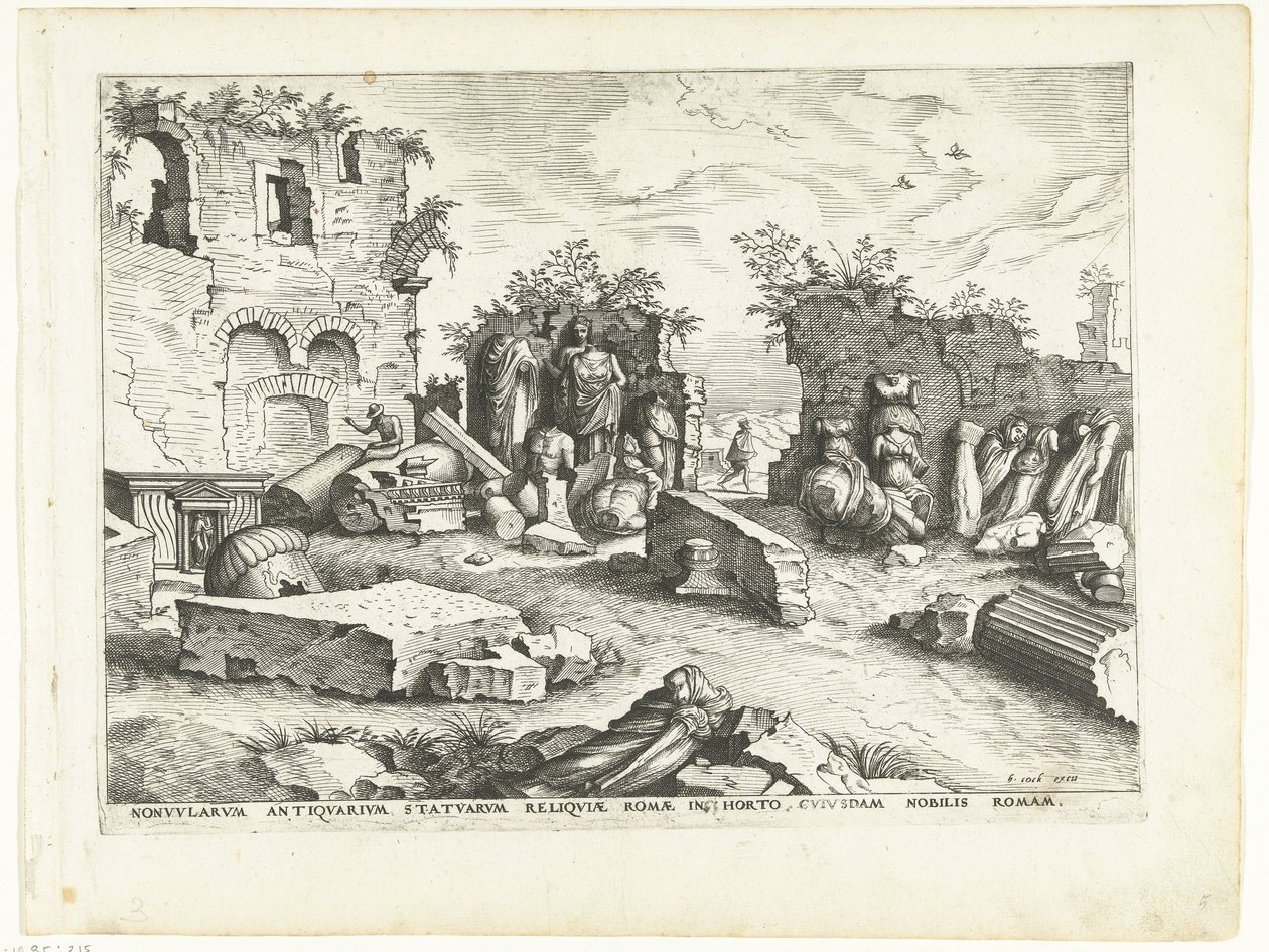 Hage med fragmenter av antikke statuer Romerske ruiner, 1561 (serietittel) av Johannes of Lucas van Doetechum (attributed to)