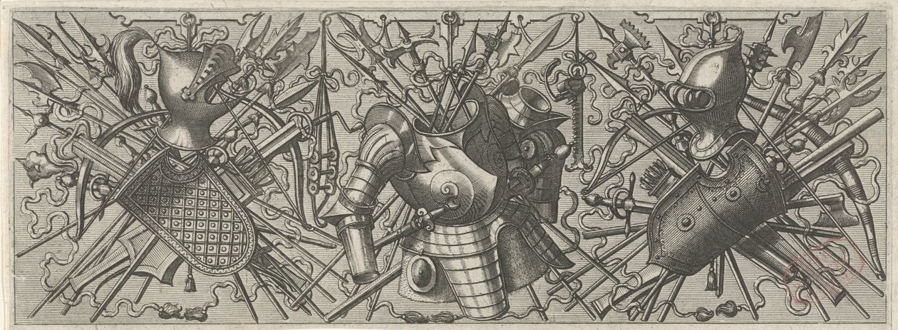 Fris med hjelm, skjold og kryssede pinnevåpen og armbrøst til venstre Panoplia sev armamentarium... (serietittel) av Johannes of Lucas van Doetechum