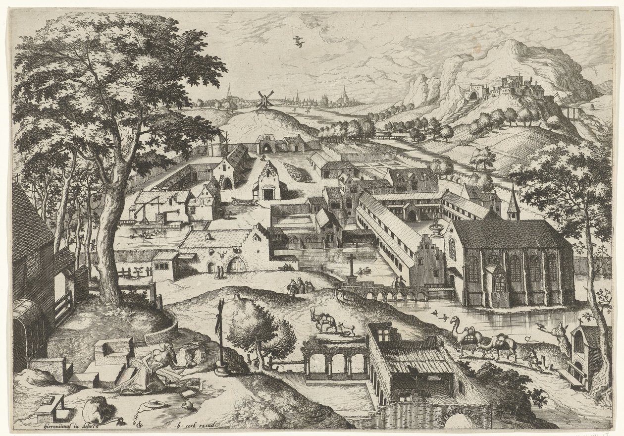 Landskap med den hellige Hieronymus hieronimus in deserto (tittel på objekt) Landskap med kristne historier (serietittel) av Johannes of Lucas van Doetechum