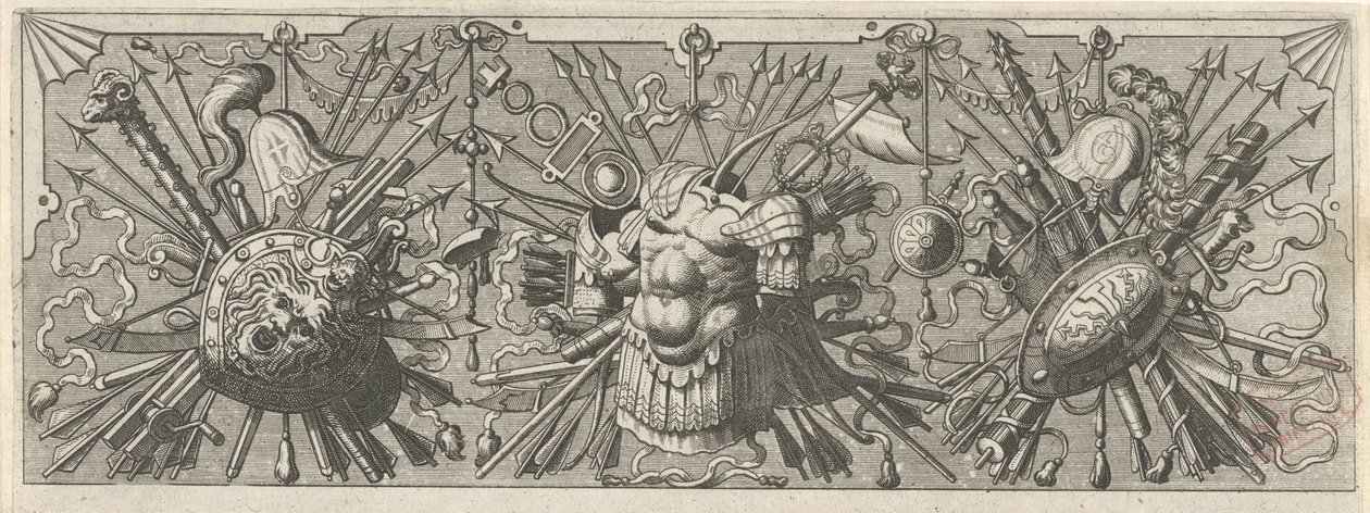 panopli. Frise med romerske våpen, øvre del Panoplia sev armamentarium... (serietittel) av Johannes of Lucas van Doetechum