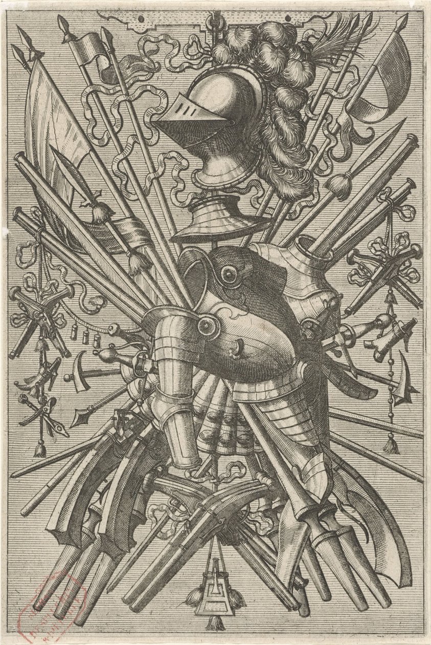 Overflatedekorasjon, bestående av et våpentrofé Overflatedekorasjoner og friser med trofeer (serietittel) av Johannes of Lucas van Doetechum