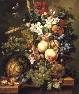 Frukt og blomster på en marmorhylle av Johannes or Jacobus Linthorst