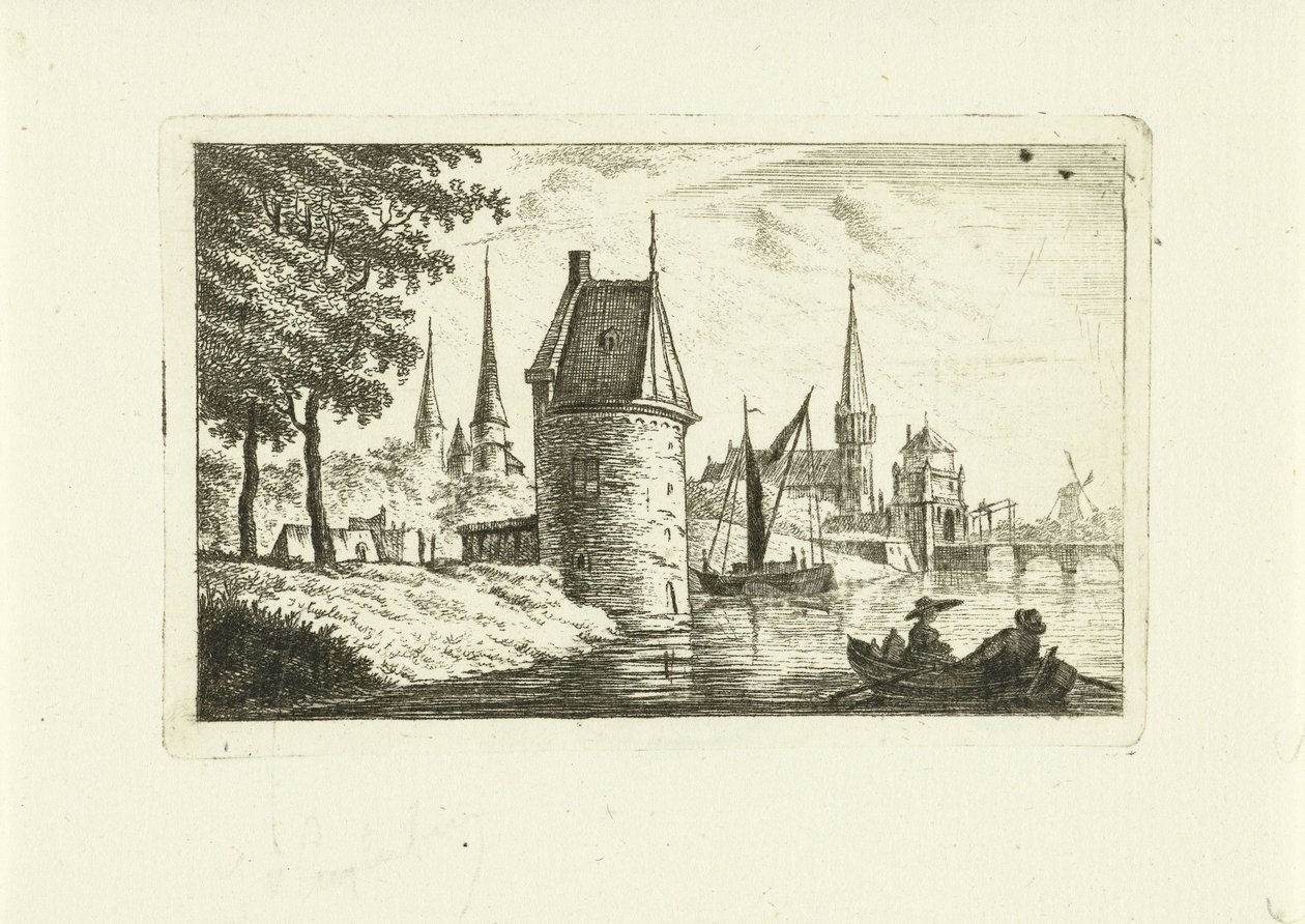 Bybilde med tårn ved elven av Johannes van Cuylenburgh