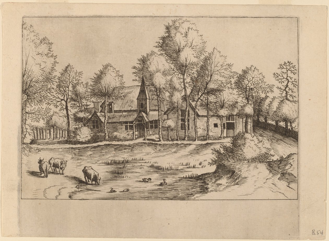Landsby med kirke av Johannes van Doetechum, the Elder and Lucas