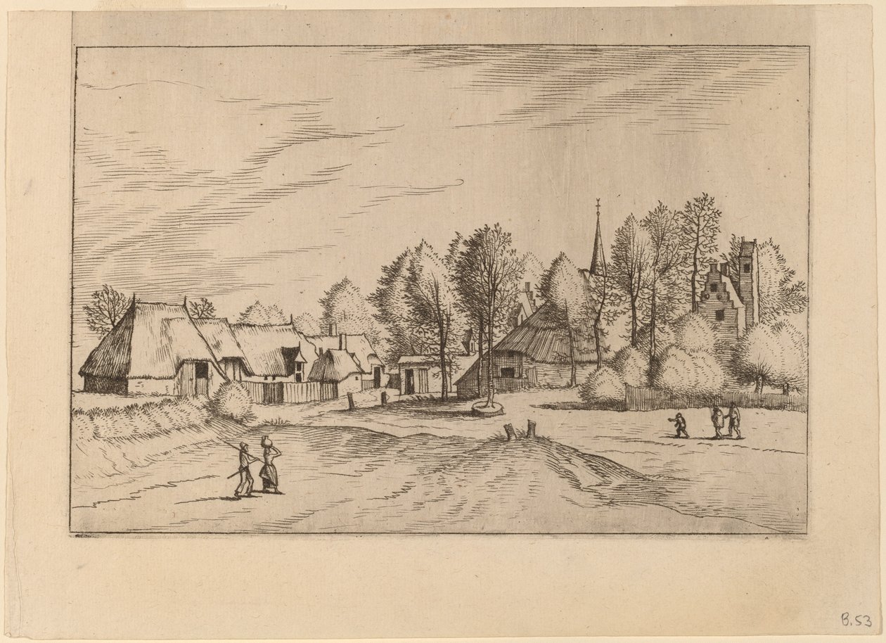 Landsby med kirketårn av Johannes van Doetechum, the Elder and Lucas