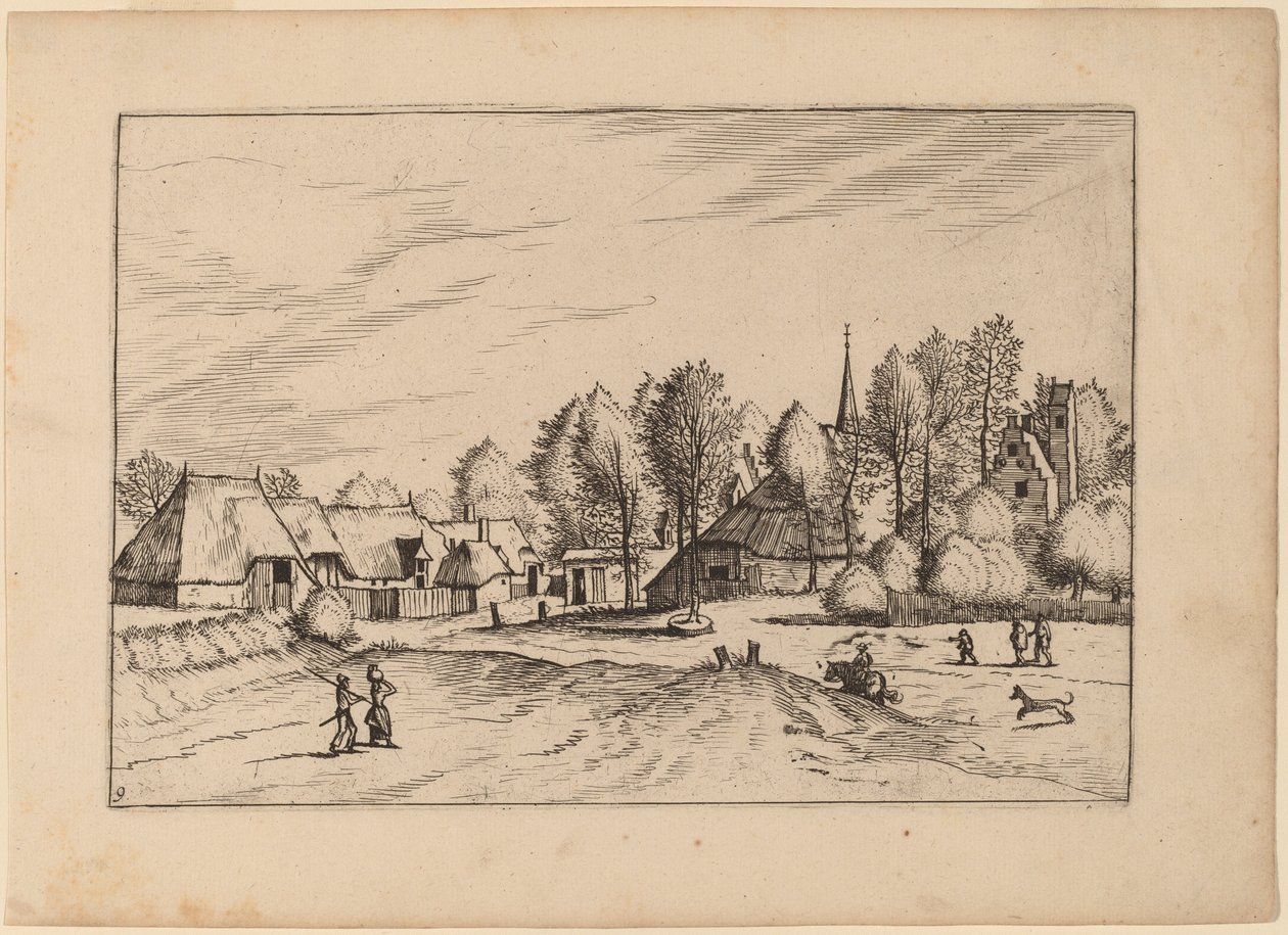Landsby med kirketårn av Johannes van Doetechum, the Elder and Lucas