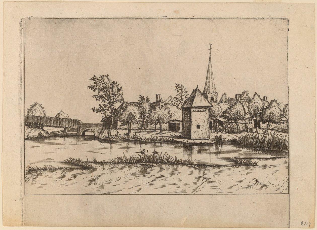 Landsby med kirke og bro av Johannes van Doetechum, the Elder and Lucas
