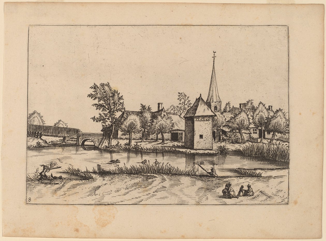 Landsby med kirke og bro av Johannes van Doetechum, the Elder and Lucas