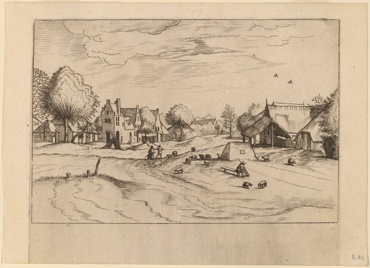 Landsby med sauer og sittende hyrde av Johannes van Doetechum, the Elder and Lucas