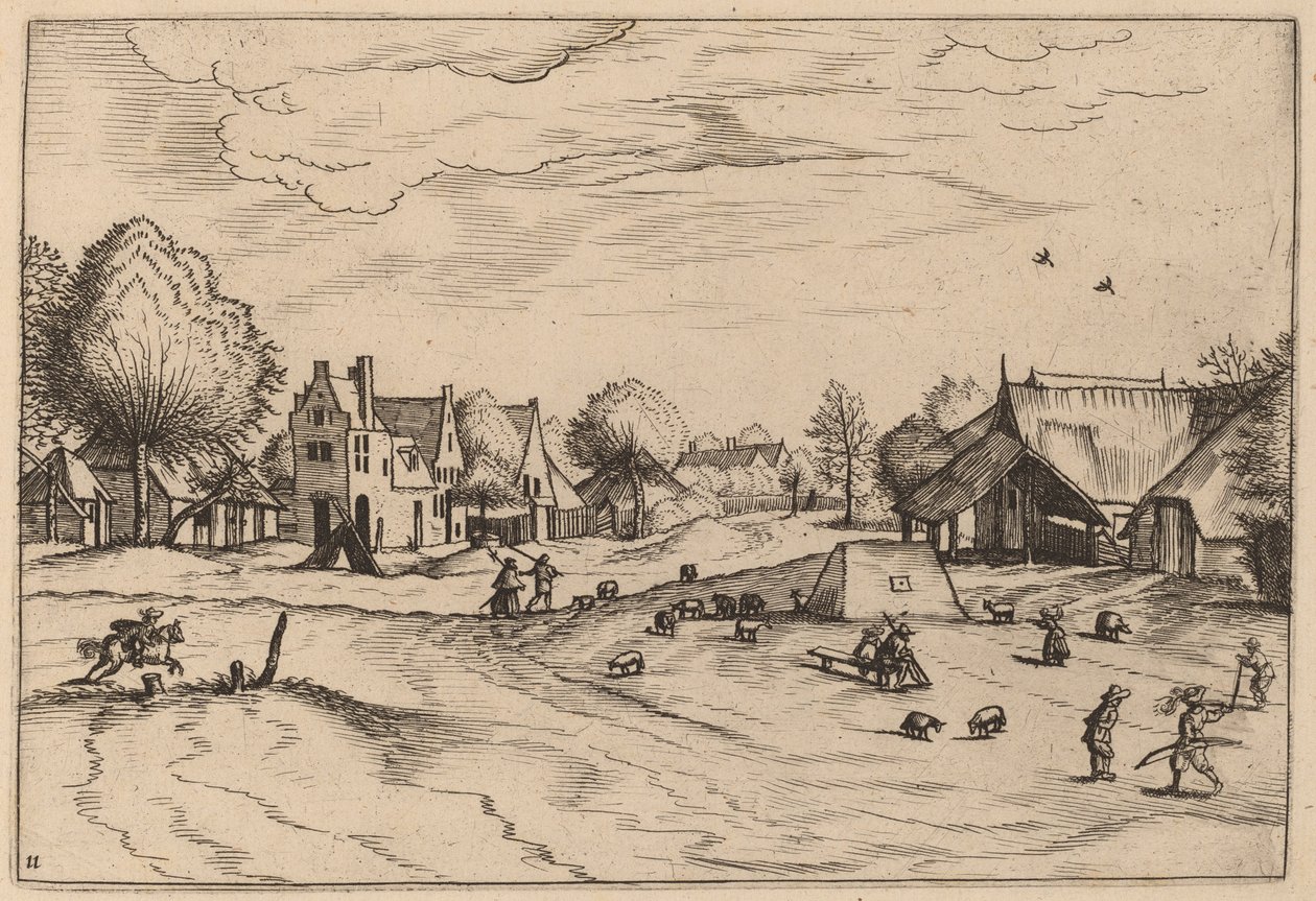 Landsby med sauer og sittende hyrde av Johannes van Doetechum, the Elder and Lucas