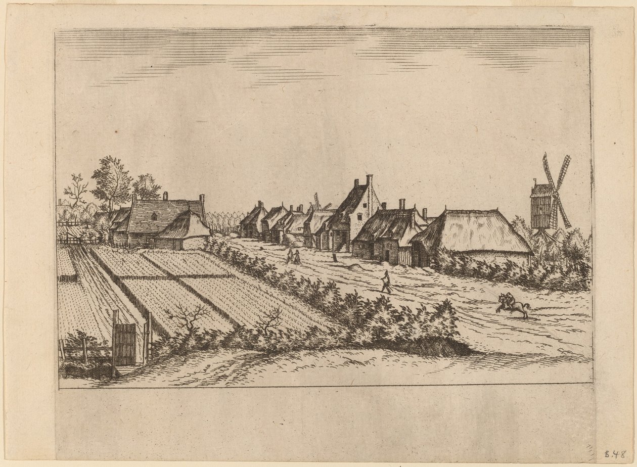 Åkre og en landsbyvei med postmølle av Johannes van Doetechum, the Elder and Lucas