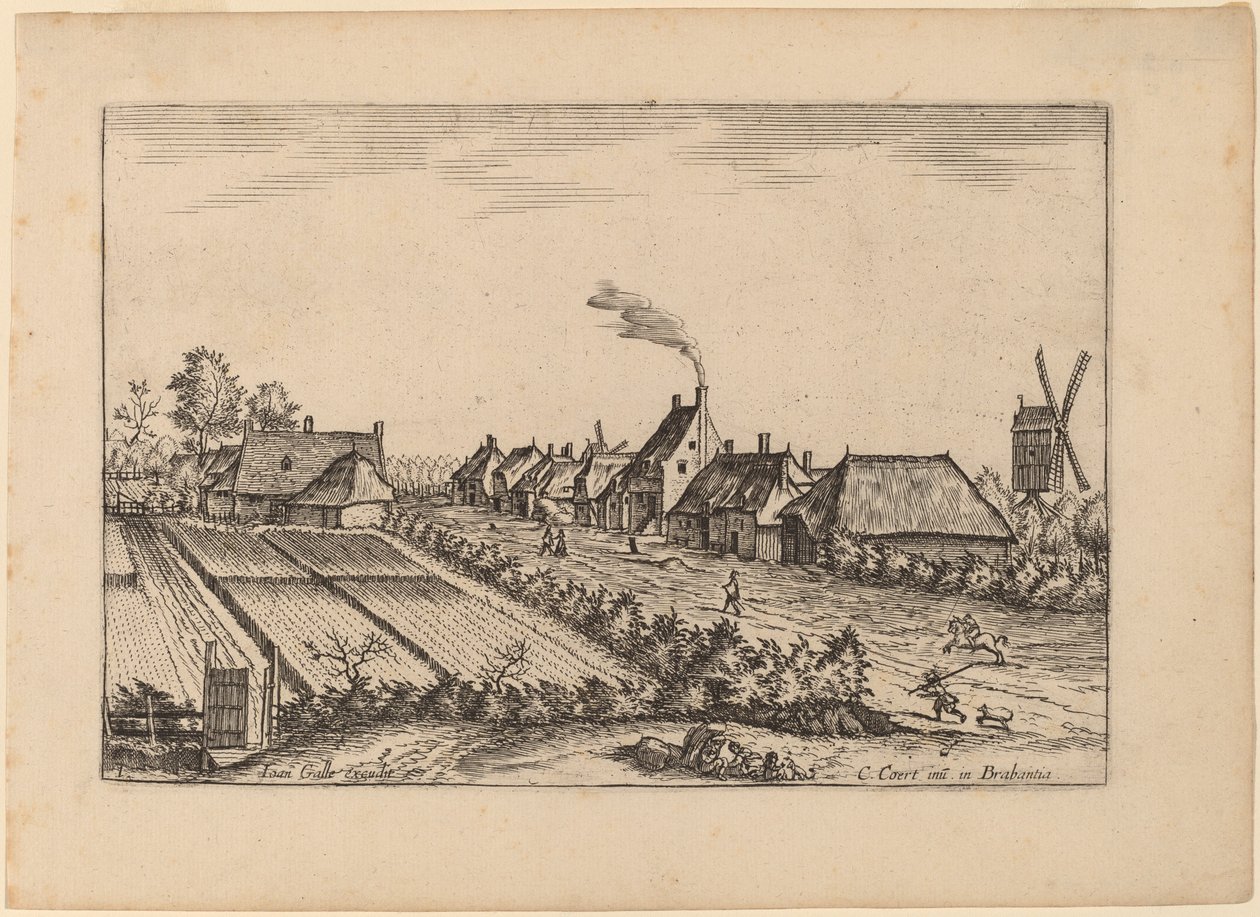 Åkre og en landsbyvei med postmølle av Johannes van Doetechum, the Elder and Lucas