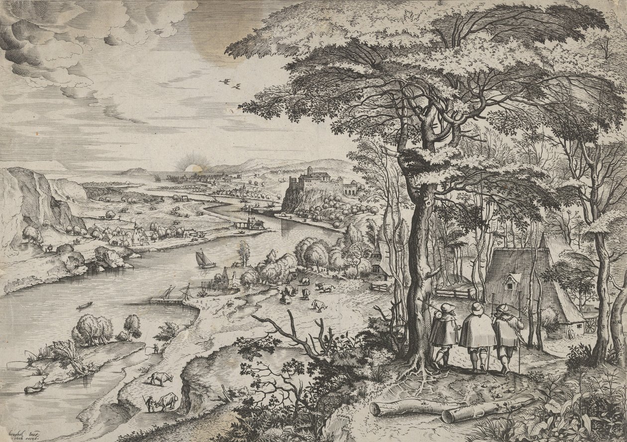 Skal til Emmaus-landskapet med pilegrimer ved Emmaus, ca. 1555-56. Skapere: Johannes van Doetecum I, Lucas van Doetecum. av Johannes and Lucas van Doetecum