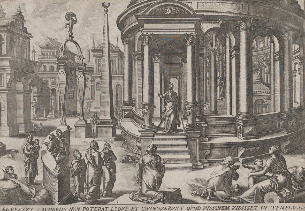 Zacharias Stepping ut av Templet, fra serien Events in and around the Temple,..., ca. 1572. Skapere: Johannes van Doetecum I, Lucas van Doetecum. av Johannes and Lucas van Doetecum