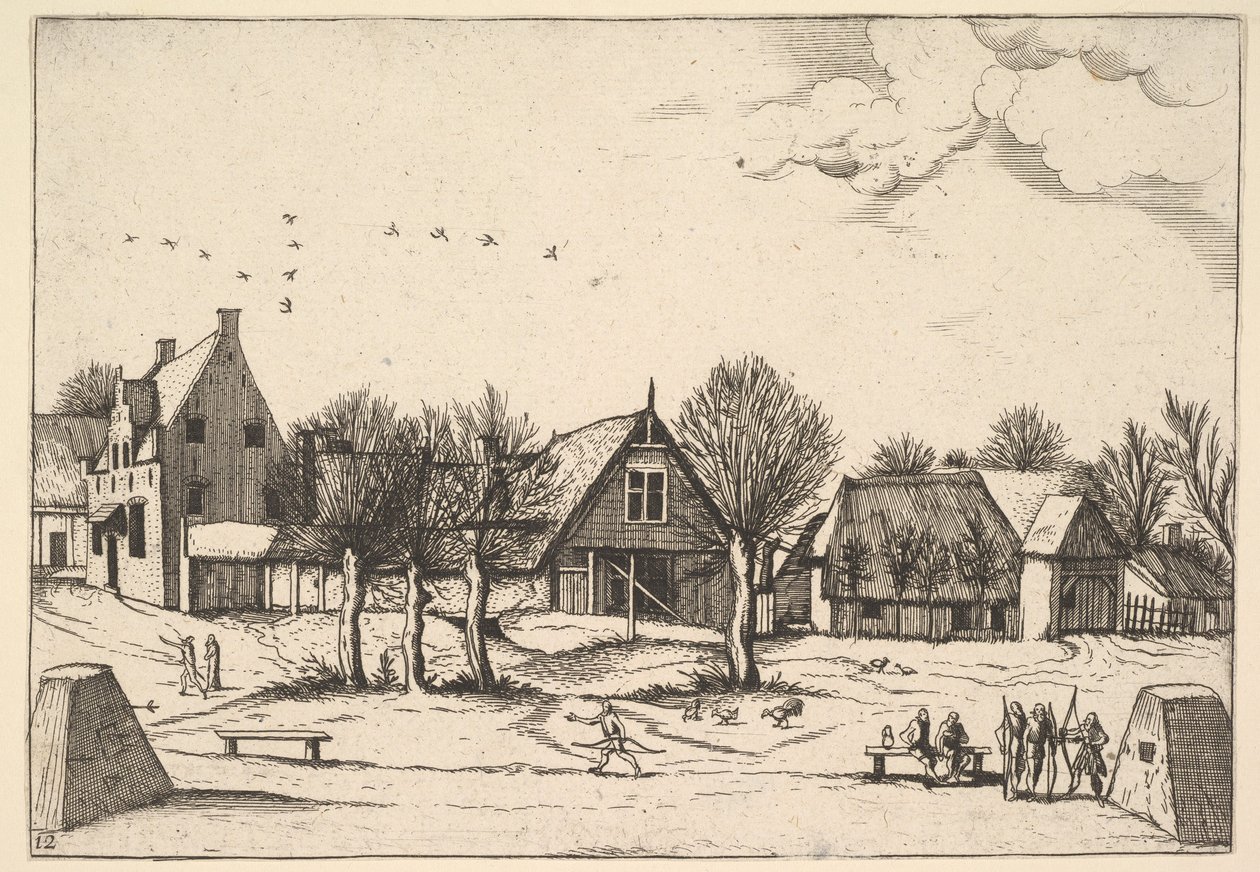 Country Village, bueskyttere i forgrunnen fra Multifariarum casularum ruriumque linea..., 1559-61. av Johannes van Doetecum I