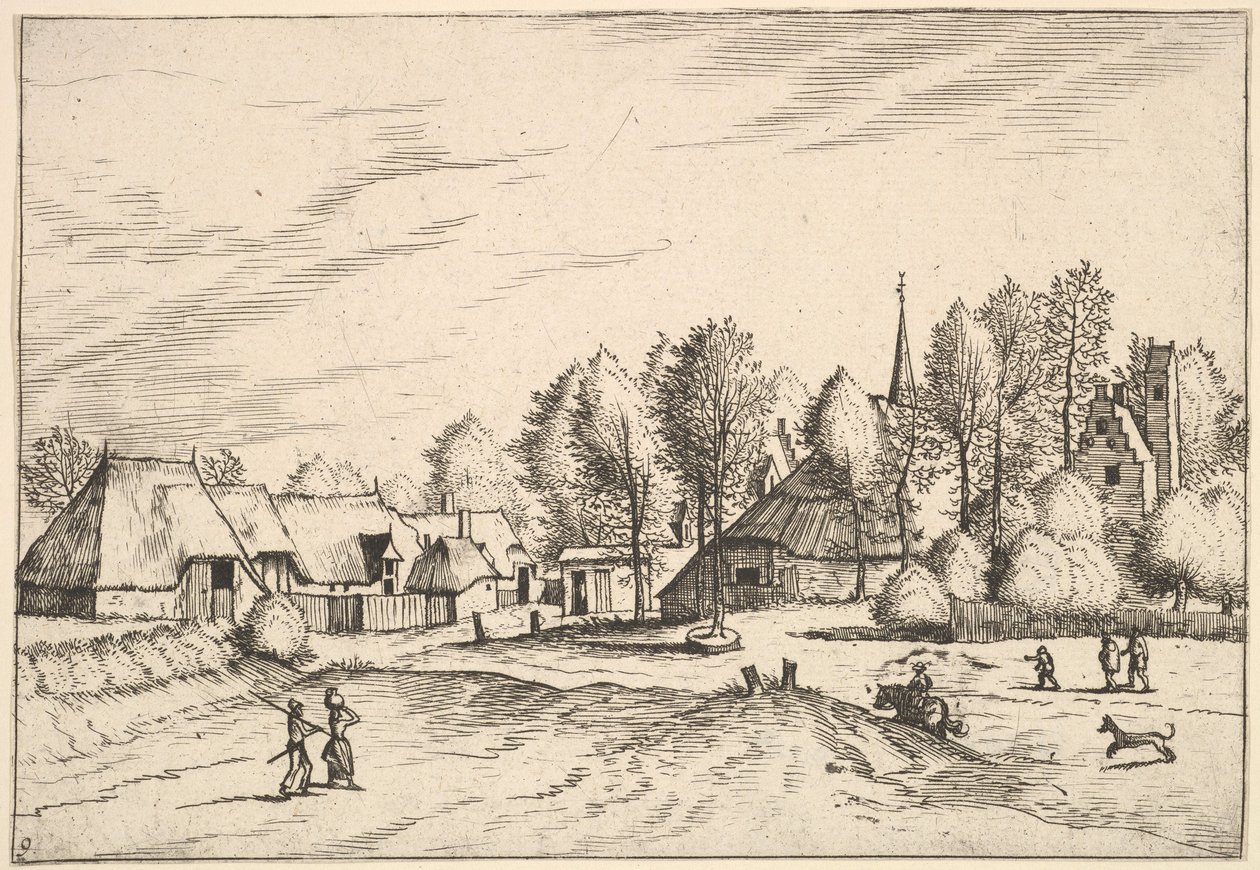 Landsby med kirketårn fra Multifariarum casularum landlige funksjoner cur..., 1559-61 av Johannes van Doetecum I