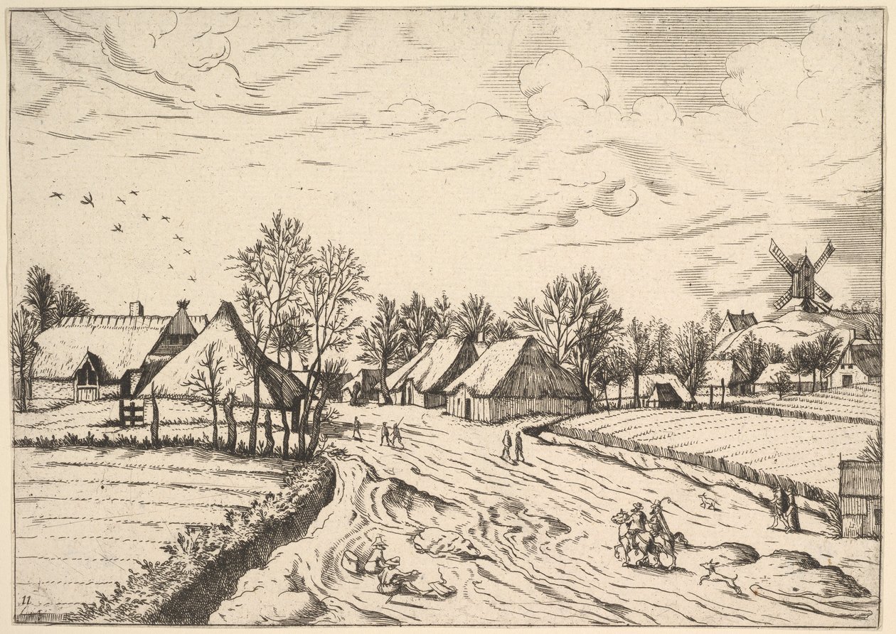 Landsby med postmølle fra Multifariarum casularum curios funksjoner..., 1559-61. av Johannes van Doetecum I