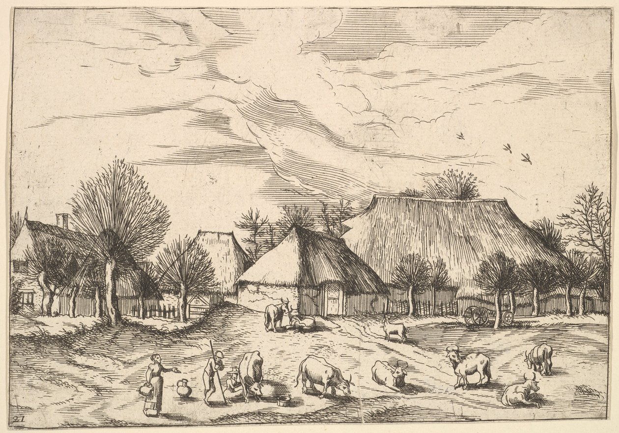 Gårder, storfe med gjetere og melkepiker i forgrunnen fra Multifariarum casularu..., 1559-61. av Johannes van Doetecum I