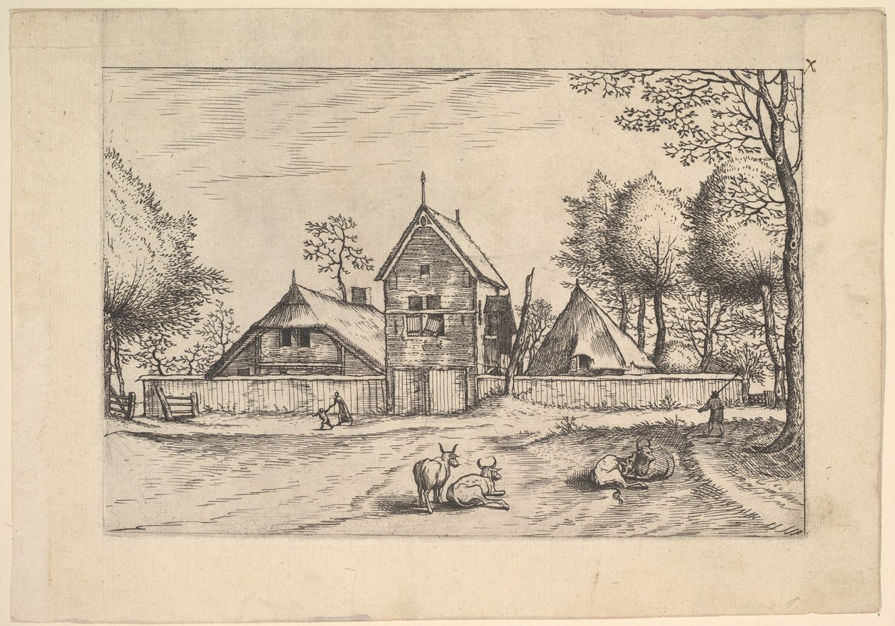 Gårdsgård, kyr og gjeter i forgrunnen fra Praediorum villarum et rusticar..., ca. 1559-61. av Johannes van Doetecum I