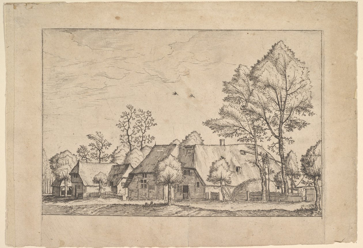 Stor gård med trekkbrønn fra Ikoner av gårder og landlige hytter fra..., ca. 1559-61. av Johannes van Doetecum I