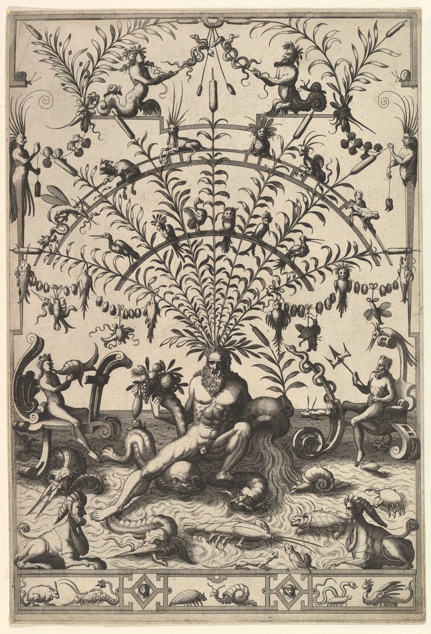 Moderne grotesk dekorasjon med en elvegud, 1557. av Johannes van Doetecum I