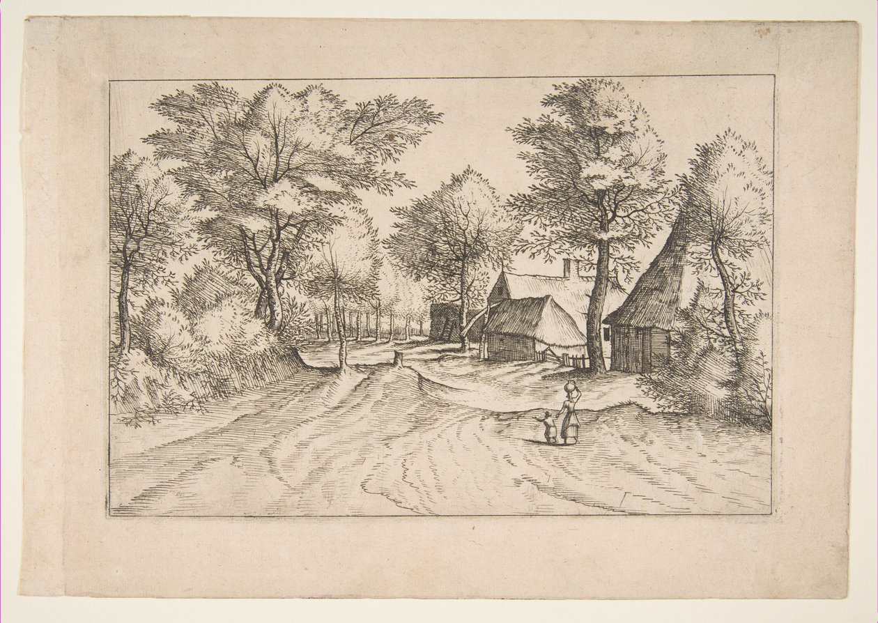 Village Road with a Farm and Sheds, fra serien, The Small Landscapes Multifariaru..., 1559-61. av Johannes van Doetecum I