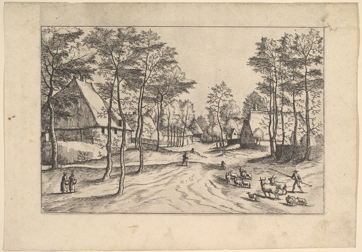 Landsbygate, storfe, sauer og gjeter i forgrunnen fra Praediorum villar..., ca. 1559-61. av Johannes van Doetecum I