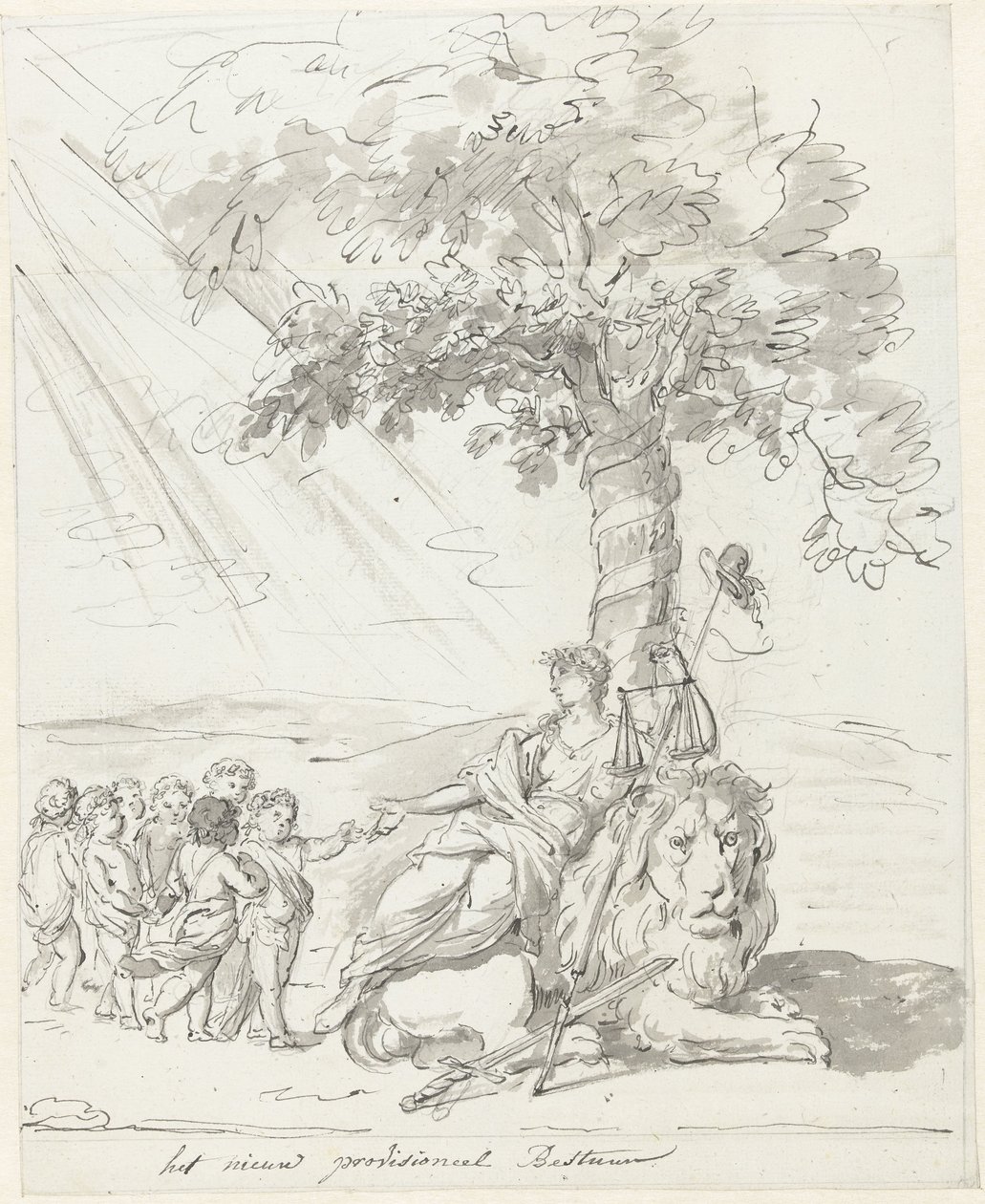 Folkets regjering etablert, dekorasjon på Amstelveld, 1795 Det nye provisoriske styret (tittel på objekt) av Johannes van Dregt (rejected attribution)