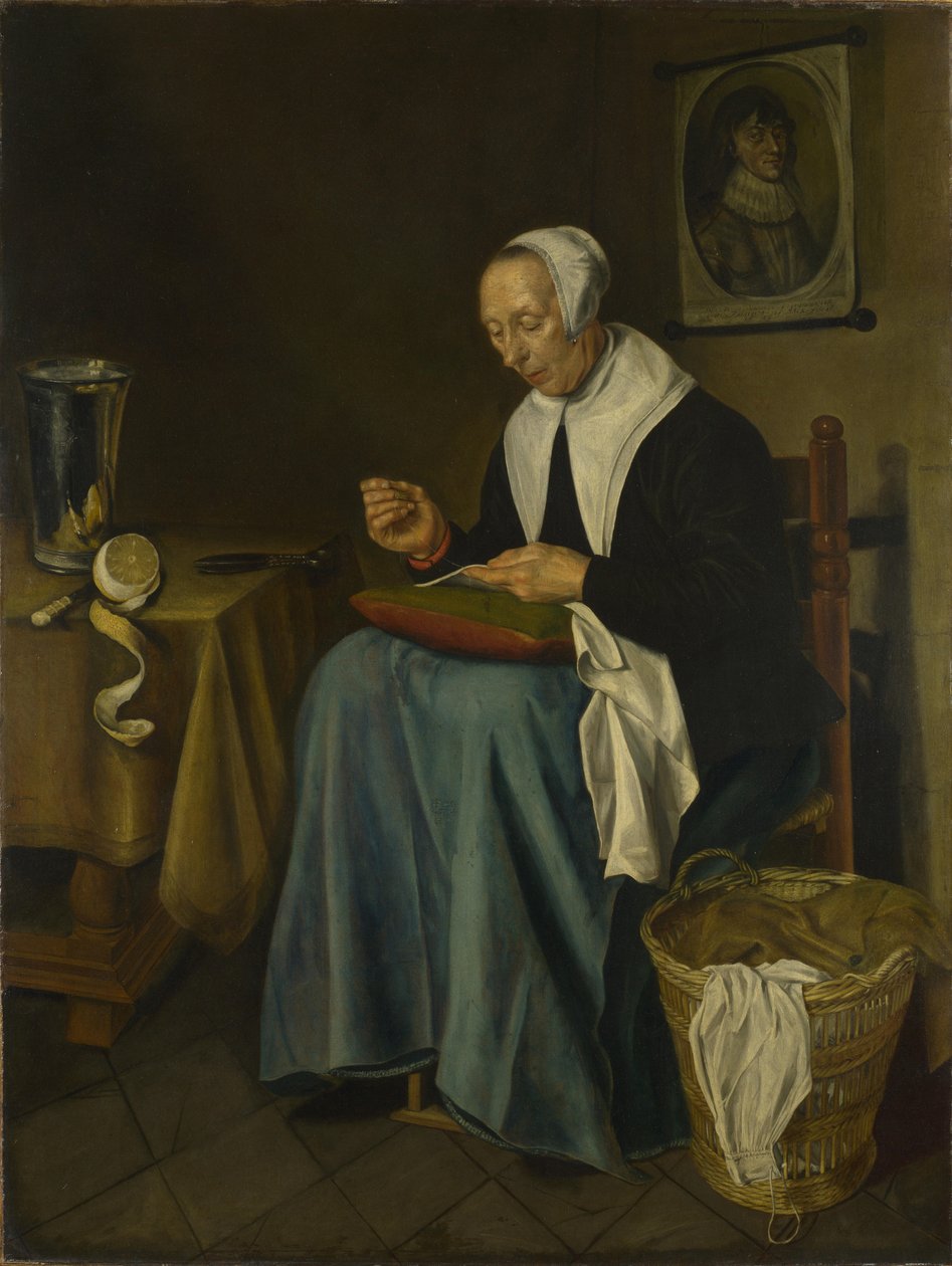 En gammel kvinne sittende sy, 1655 av Johannes van der Aeck