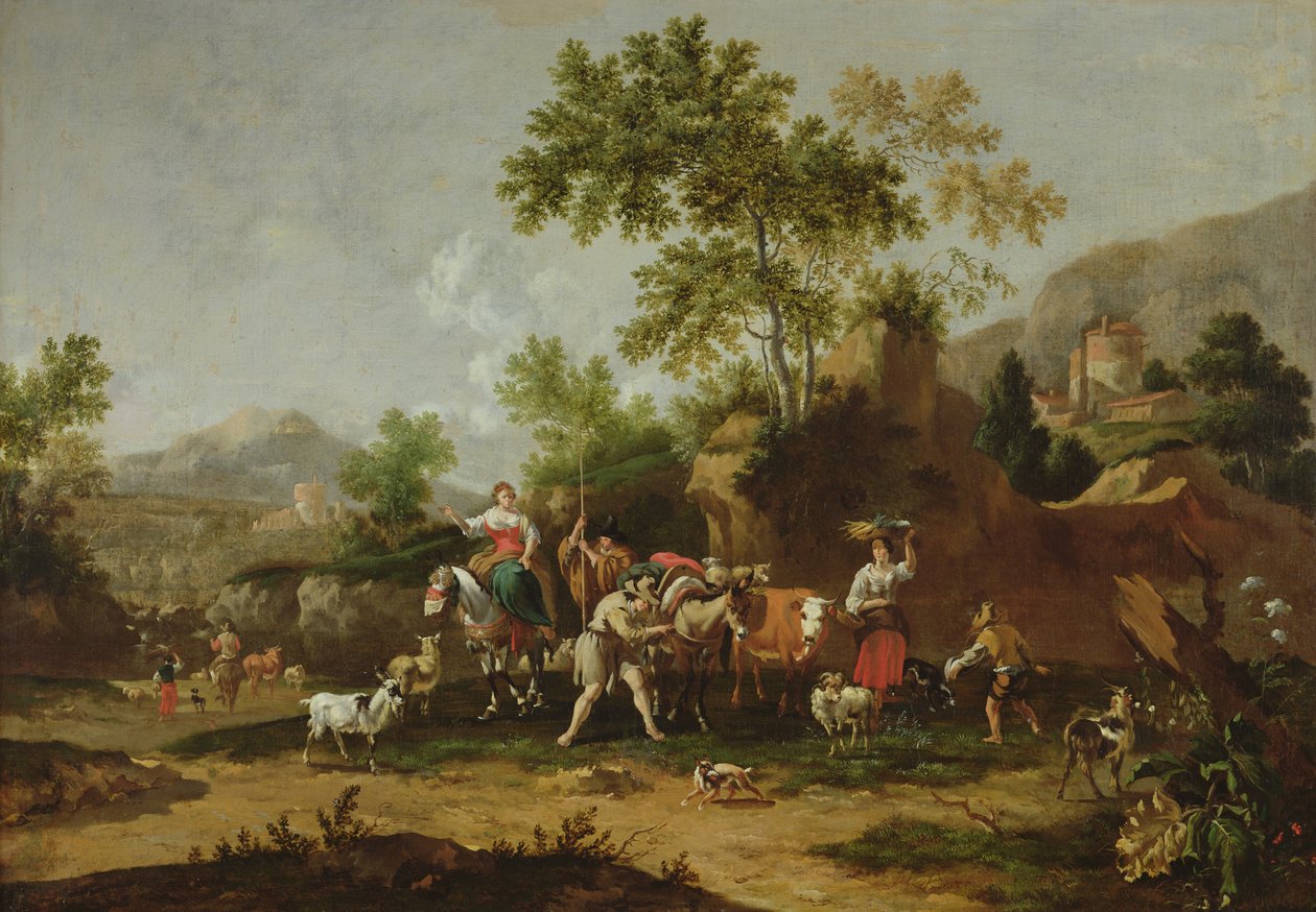 Italiensk landskap med figurer og dyr av Johannes van der Bent