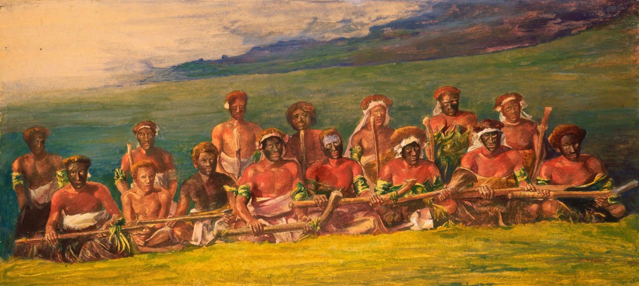 Chiefs and Performers in War Dance, Fiji av John La Farge or Lafarge