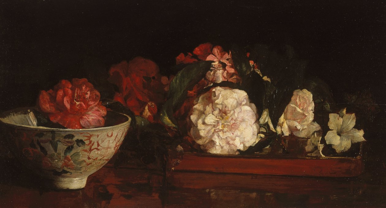 Blomster på en japansk skuff på et mahognibord av John La Farge or Lafarge