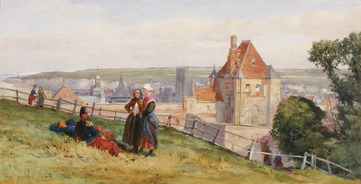 Utsikt over Dieppe fra klippene over Chateau, ca. 1865 (wc und gouache på papir) av John Absolon